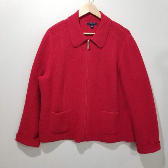 Lands' End Jacket Womens 18 Red Boiled Wool Collared Zip Front Patch Pockets - Picture 1 of 9